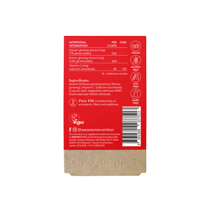 Back of a supplement package with nutritional information and branding on a white background
