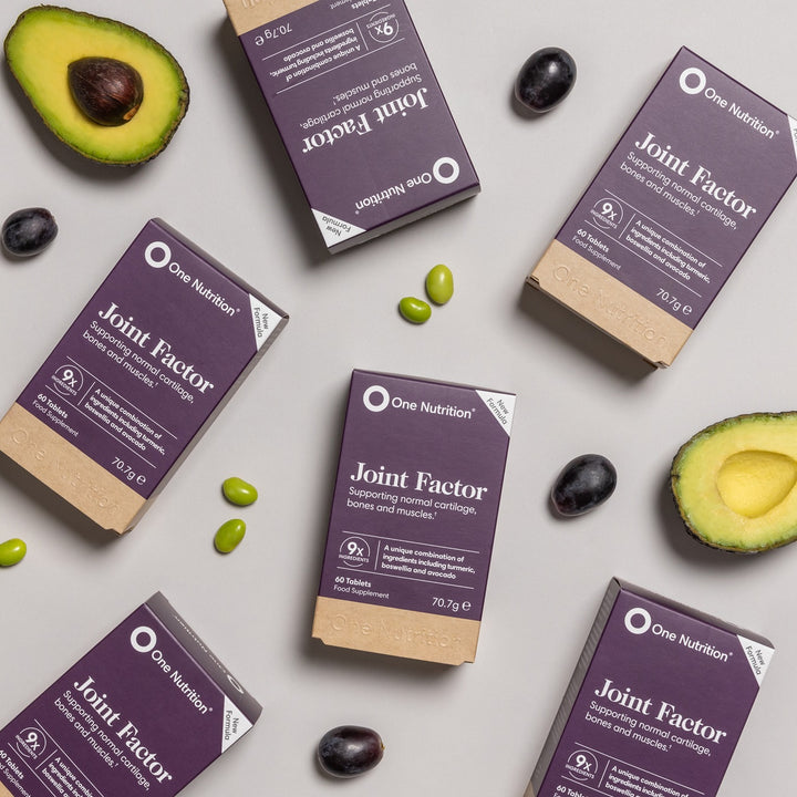One Nutrition Joint Factor supplement boxes with avocados and green beans on a light gray background