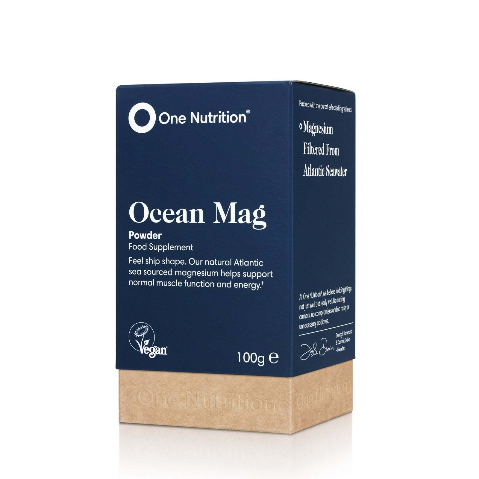 One Nutrition Ocean Magnesium powder supplement for muscle function and energy, vegan and natural Atlantic sea sourced, 100g box