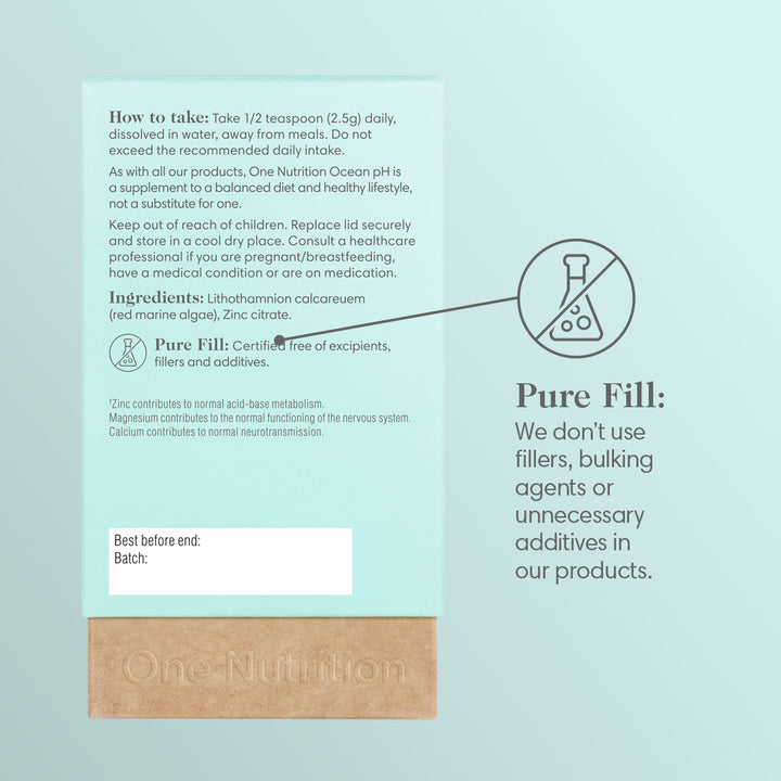 Product label with text and icons on a light blue background. Highlighting it is Pure Fill.
