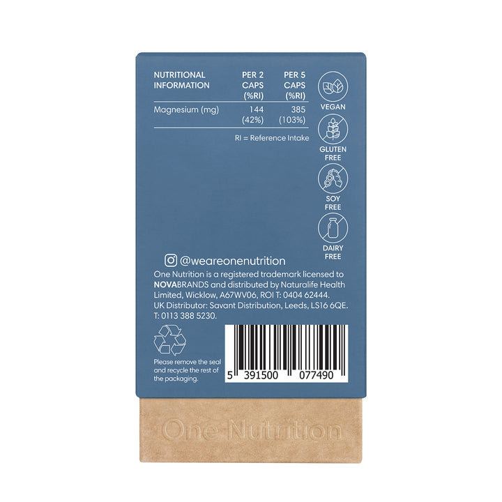 Back of a supplement package with nutritional information and branding details on a white background