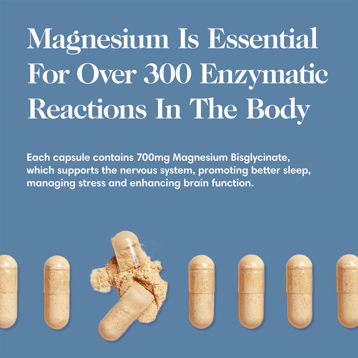 Vitamins with text about magnesium's importance on a blue background