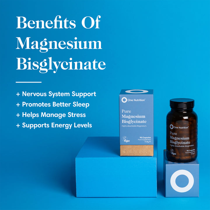 One Nutrition Pure Magnesium Bisglycinate supplement packaging on a blue background with text listing benefits.