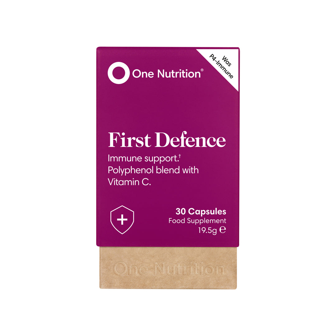 Packaging of One Nutrition First Defence Immune with polyphenol blend and Vitamin C, containing 30 capsules.