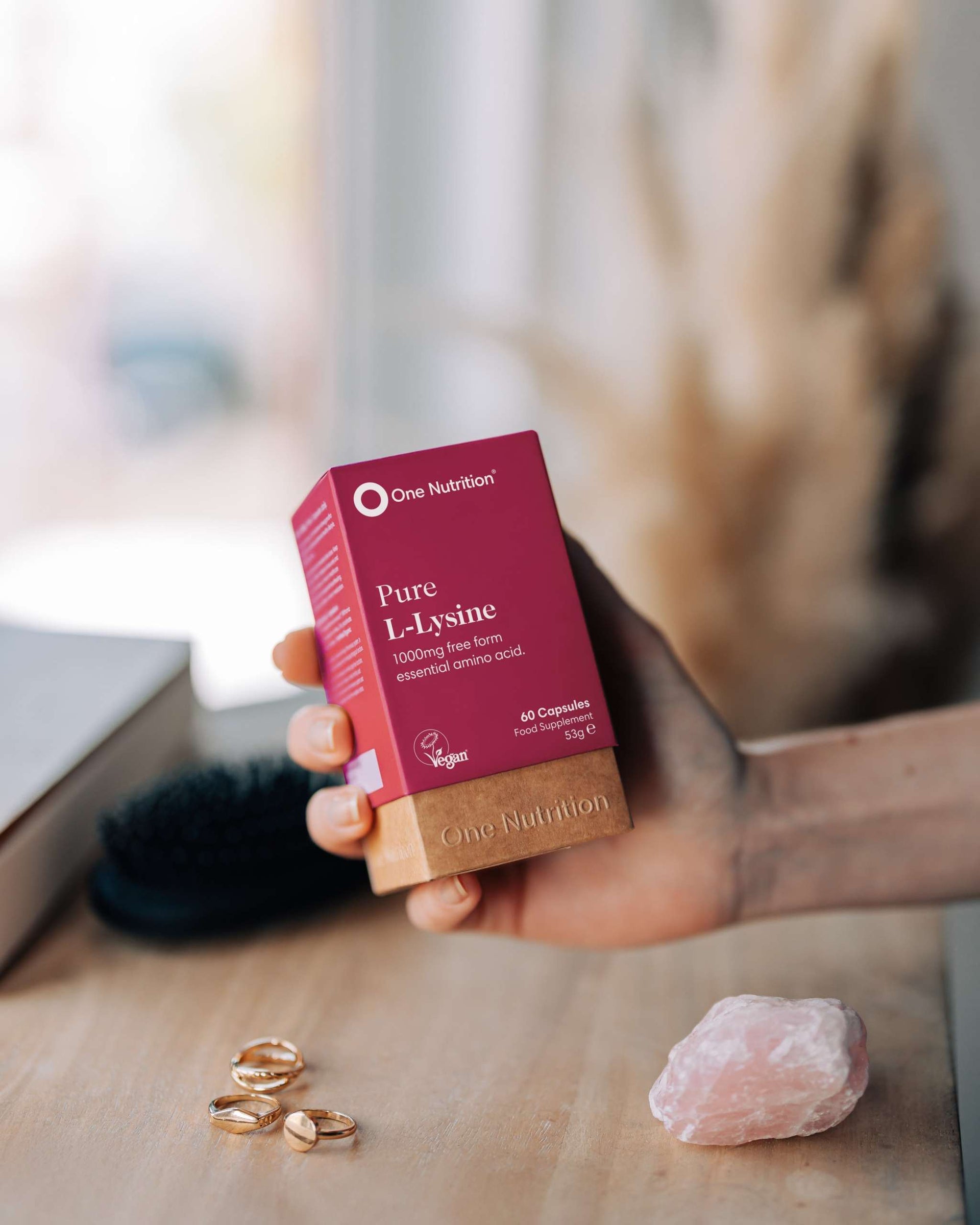 One Nutrition L-Lysine 60 capsules supplement for immune, bone, and heart health in red box