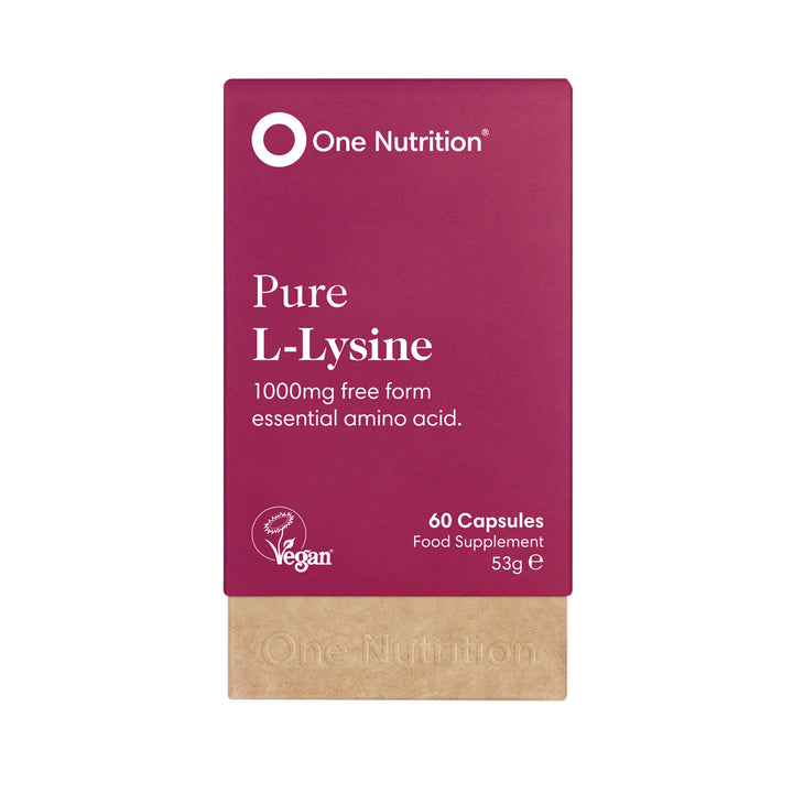 A pack of One Nutrition Pure L-Lysine capsules, with 60 capsules containing 1000mg free form essential amino acid, in a purple and white packaging.