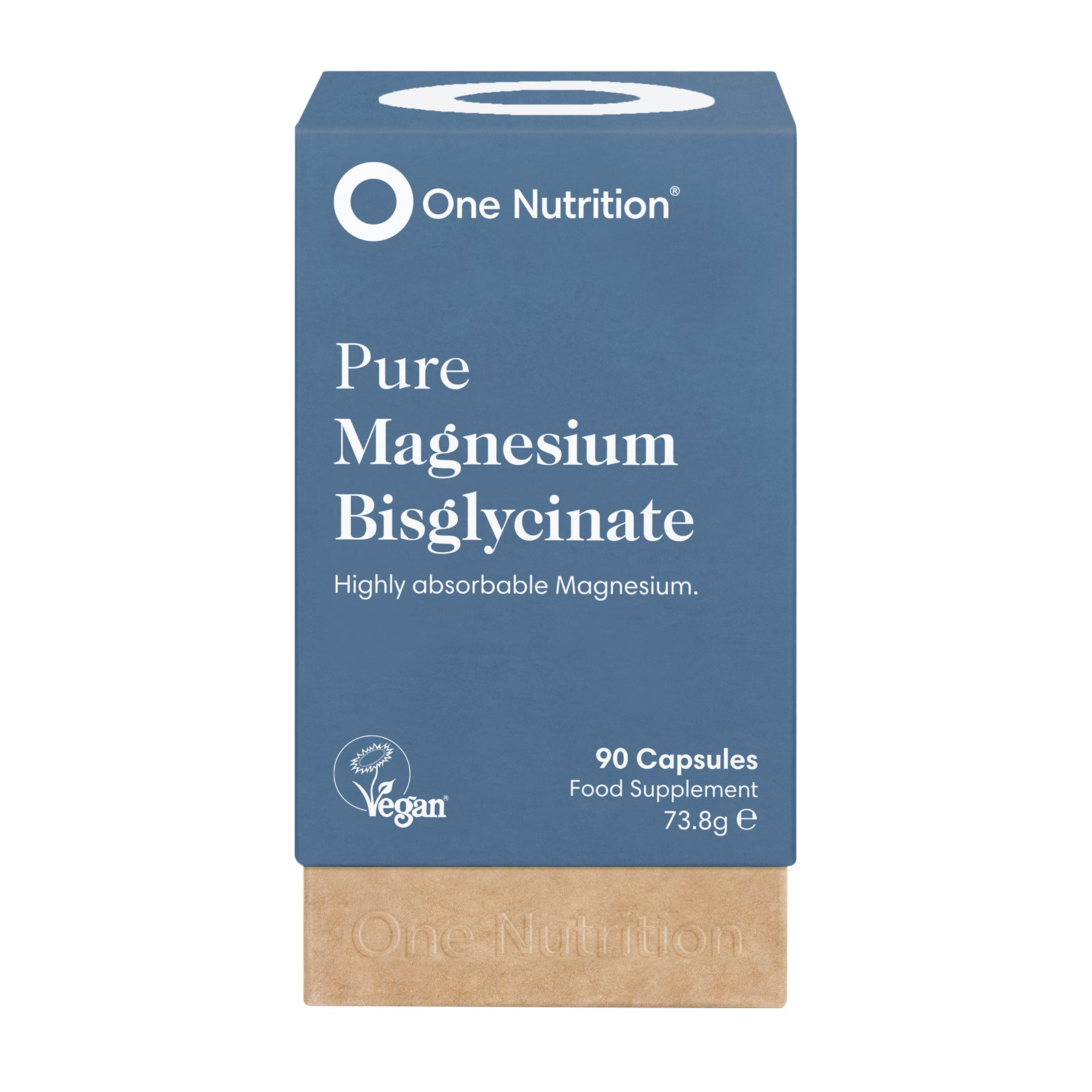 A bottle of One Nutrition Pure Magnesium Bisglycinate with 90 capsules, marked as vegan and gluten-free.