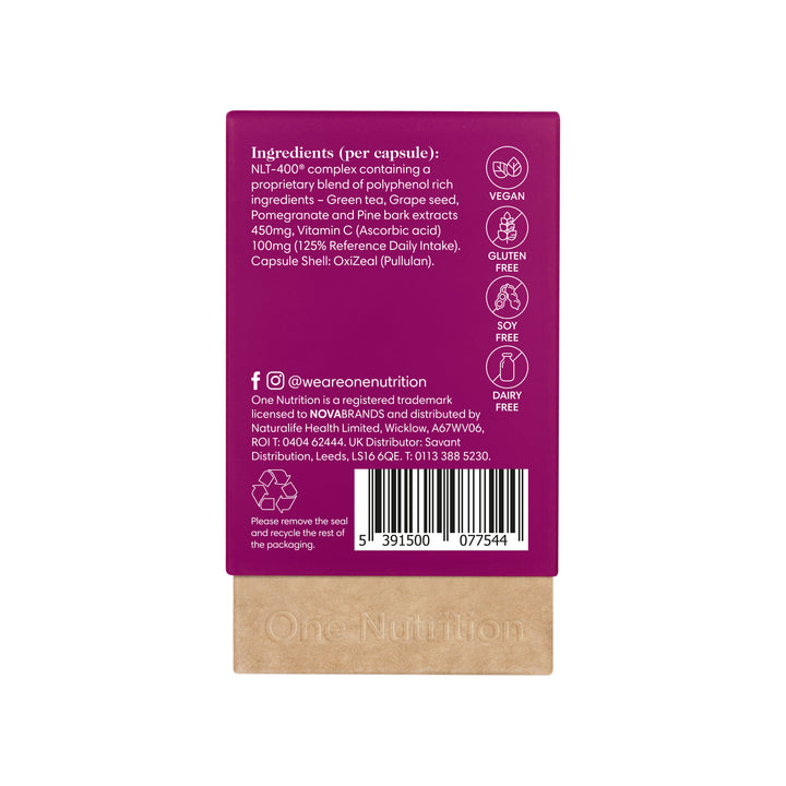 Back of a supplement capsule packaging with ingredient list and branding on a white background