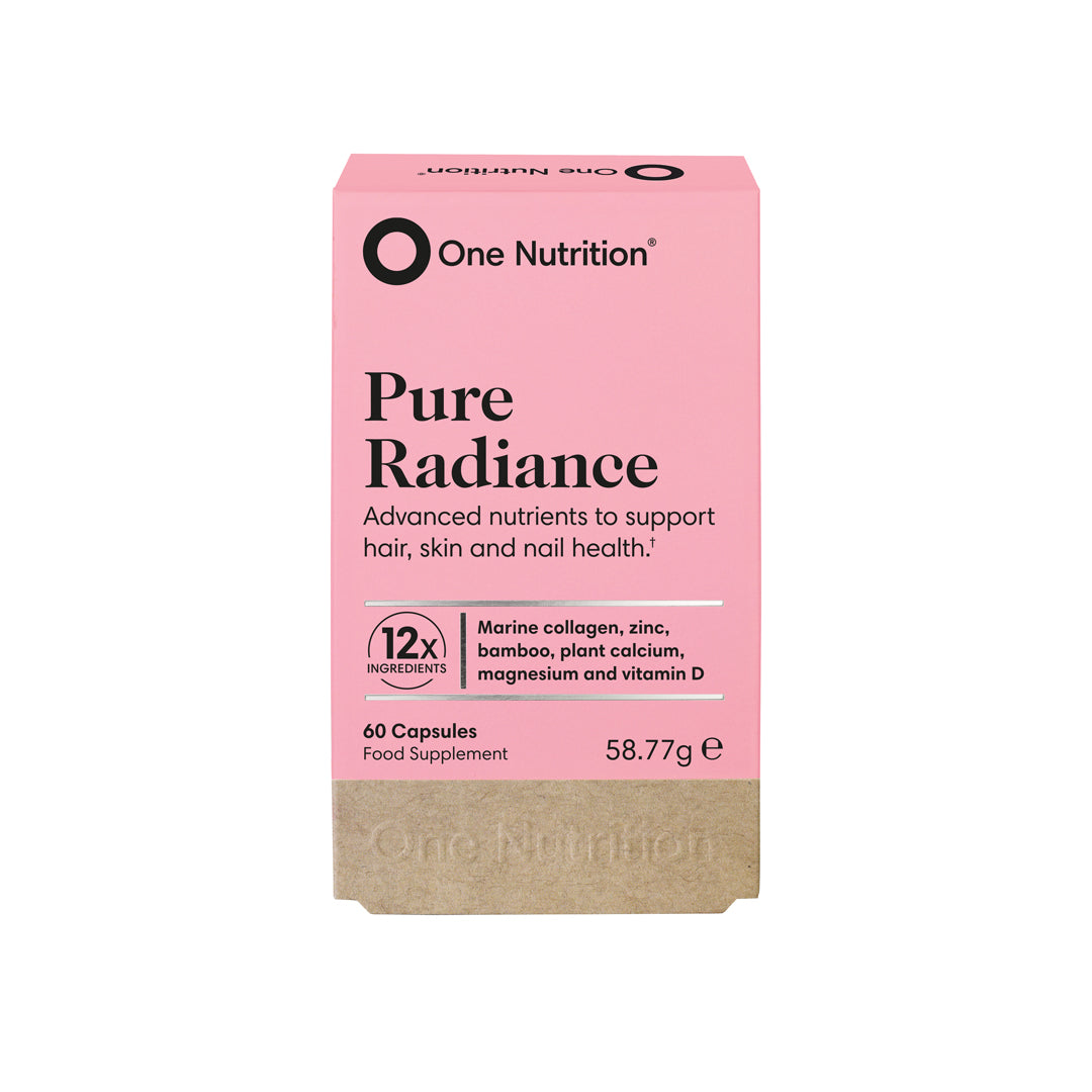 A box of One Nutrition Pure Radiance advanced nutrients to support hair, skin and nail health, with 60 capsules. The packaging is pink with text and branding.