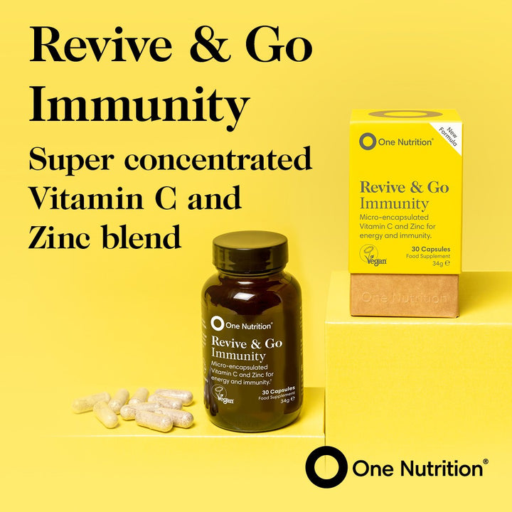 One Nutrition Revive & Go Immunity supplement bottle and packaging on a yellow background