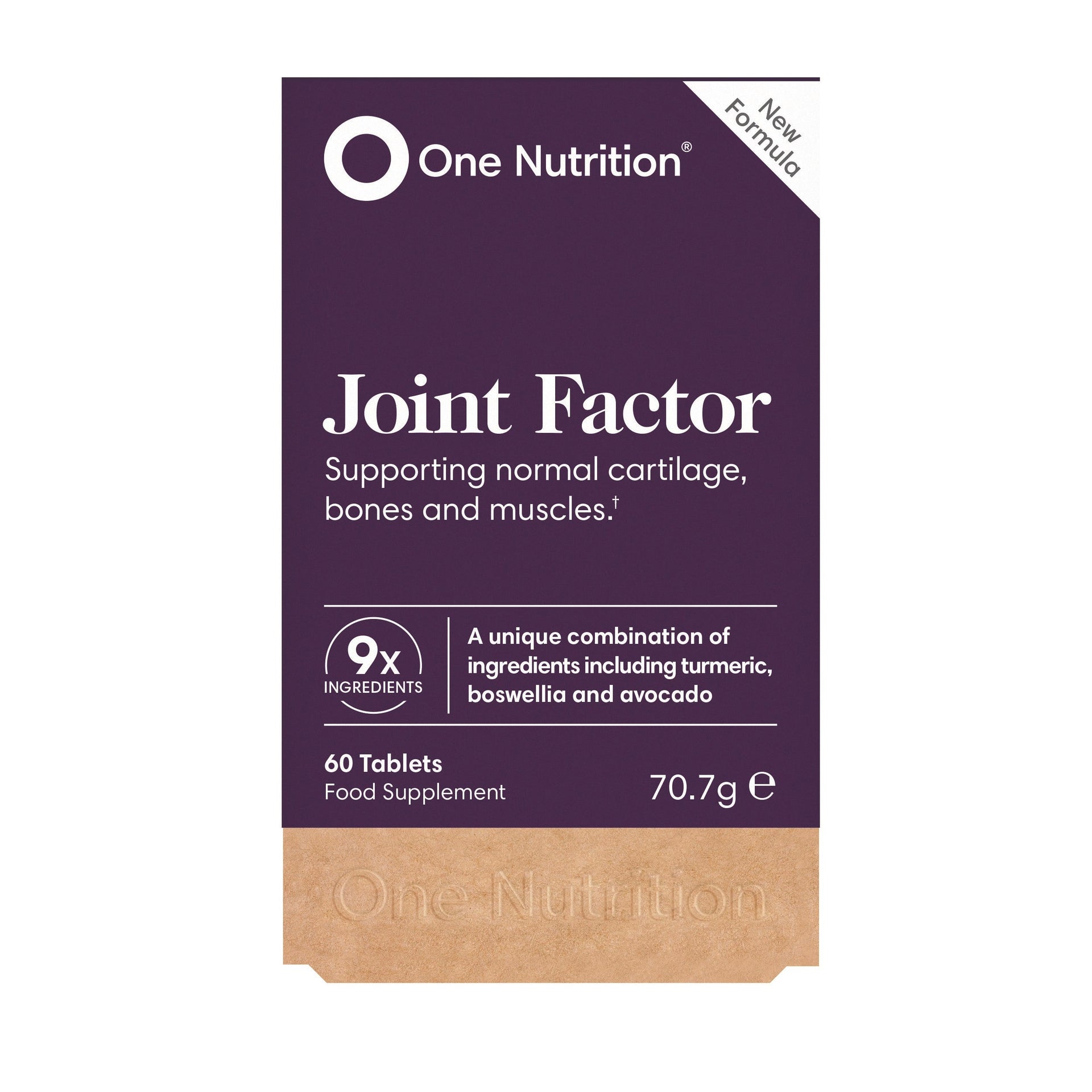 Packaging of One Nutrition Joint Factor, which contains 60 tablets for supporting normal cartilage, bones, and muscles.