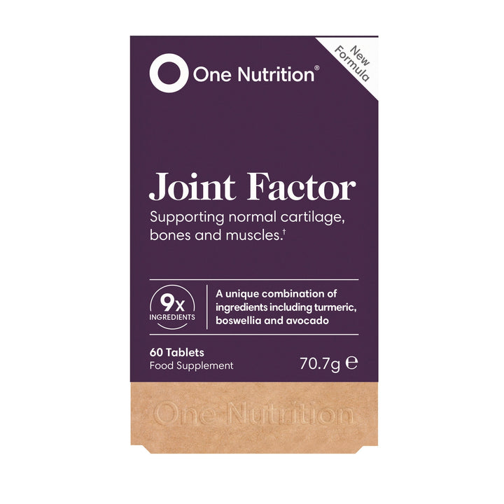 Packaging of One Nutrition Joint Factor, which contains 60 tablets for supporting normal cartilage, bones, and muscles.