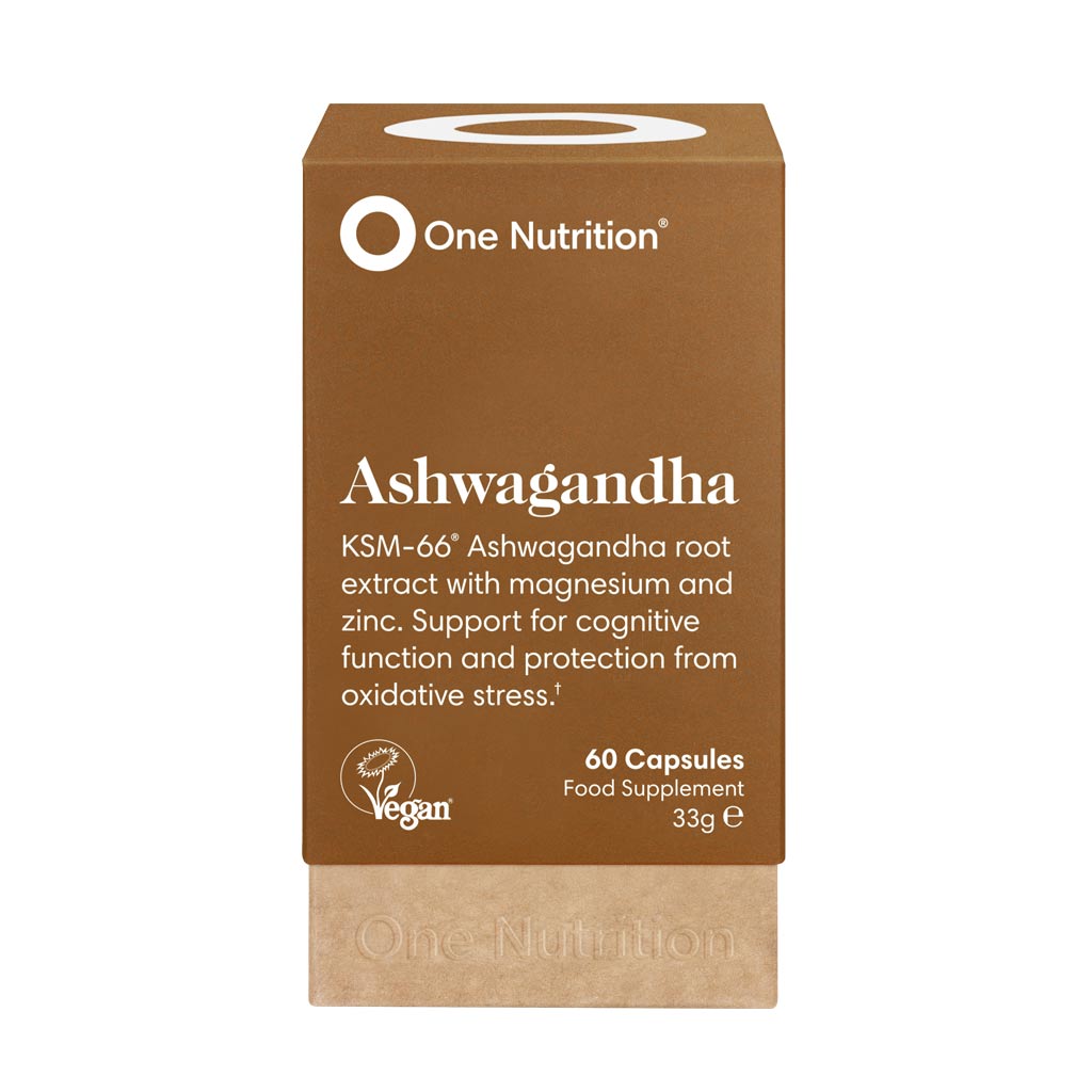 A box of One Nutrition Ashwagandha supplement with 60 capsules, featuring the brand logo and product information.