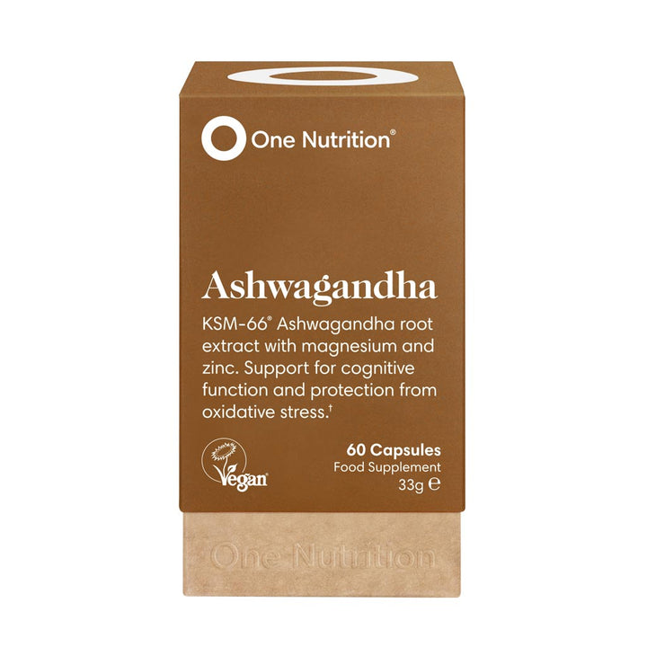 A box of One Nutrition Ashwagandha supplement with 60 capsules, featuring the brand logo and product information.