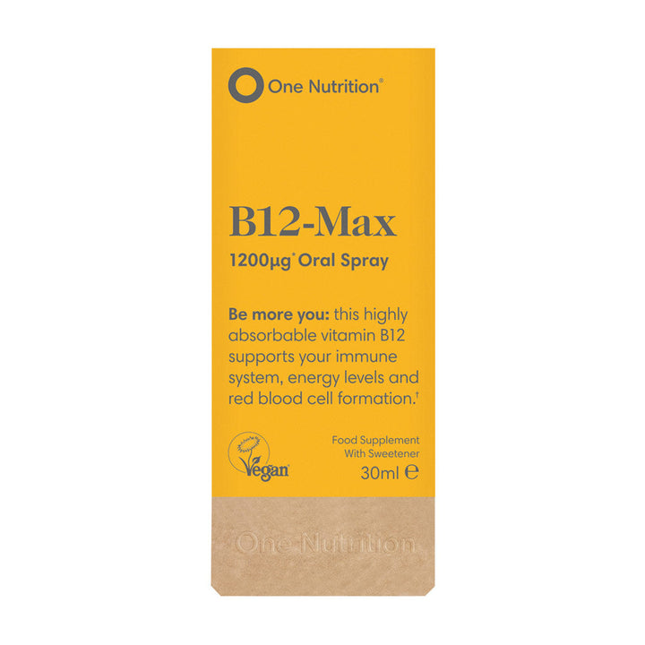 A bottle of One Nutrition B12-Max 1200ug Oral Spray in yellow packaging with product information and branding visible.