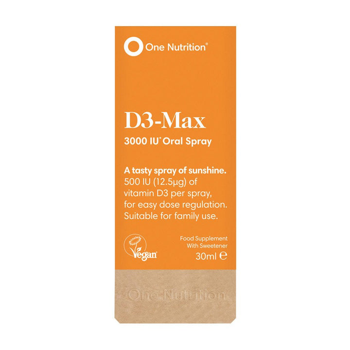 One Nutrition Plant Based Vitamin D3 Max 3000 IU vegan oral spray with natural orange flavor, 30ml