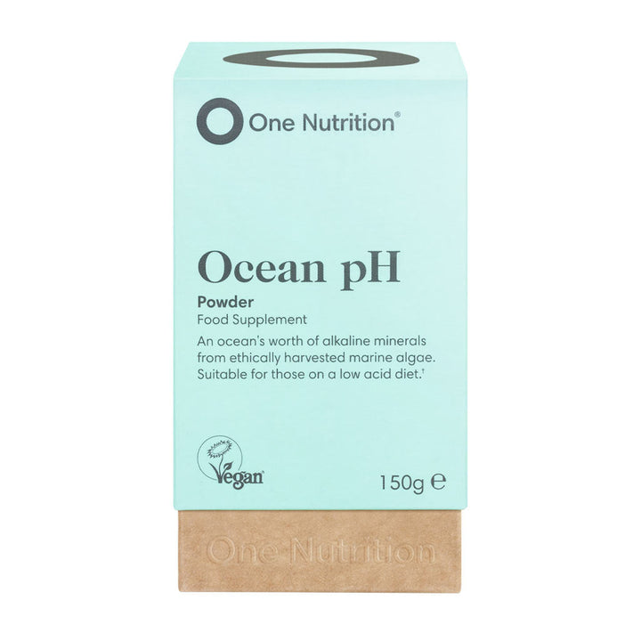 Packaging of One Nutrition Ocean pH powder, with a label stating it is a food supplement and suitable for those on a low acid diet.