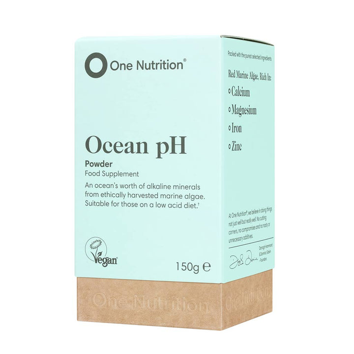 Packaging of One Nutrition Ocean pH powder, with a label stating it is a food supplement and suitable for those on a low acid diet.