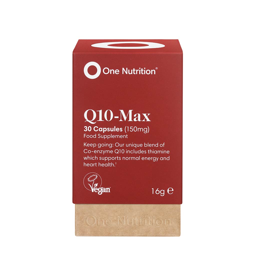 A box of One Nutrition Q10-Max capsules with 30 capsules inside, each weighing 16g. The box is red with white and black text, indicating the product is a food supplement for heart health.