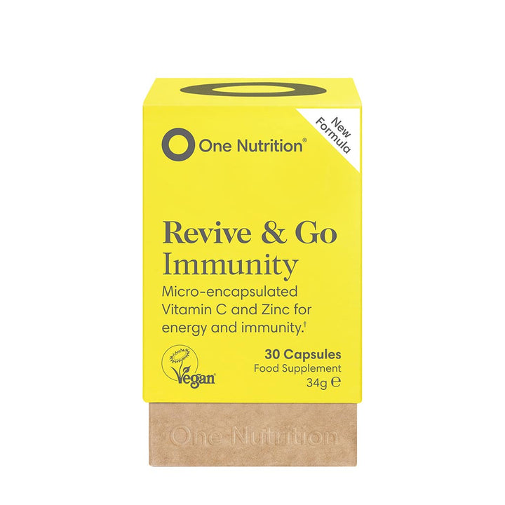 A yellow and white box of One Nutrition Revive & Go Immunity supplement with 30 capsules for energy and immune system support.