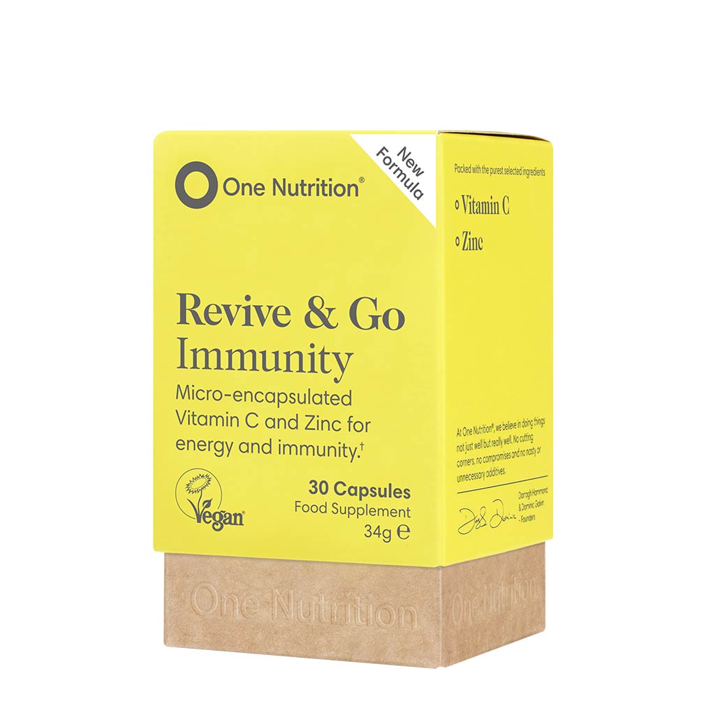 A yellow and white box of One Nutrition Revive & Go Immunity supplement with 30 capsules for energy and immune system support.