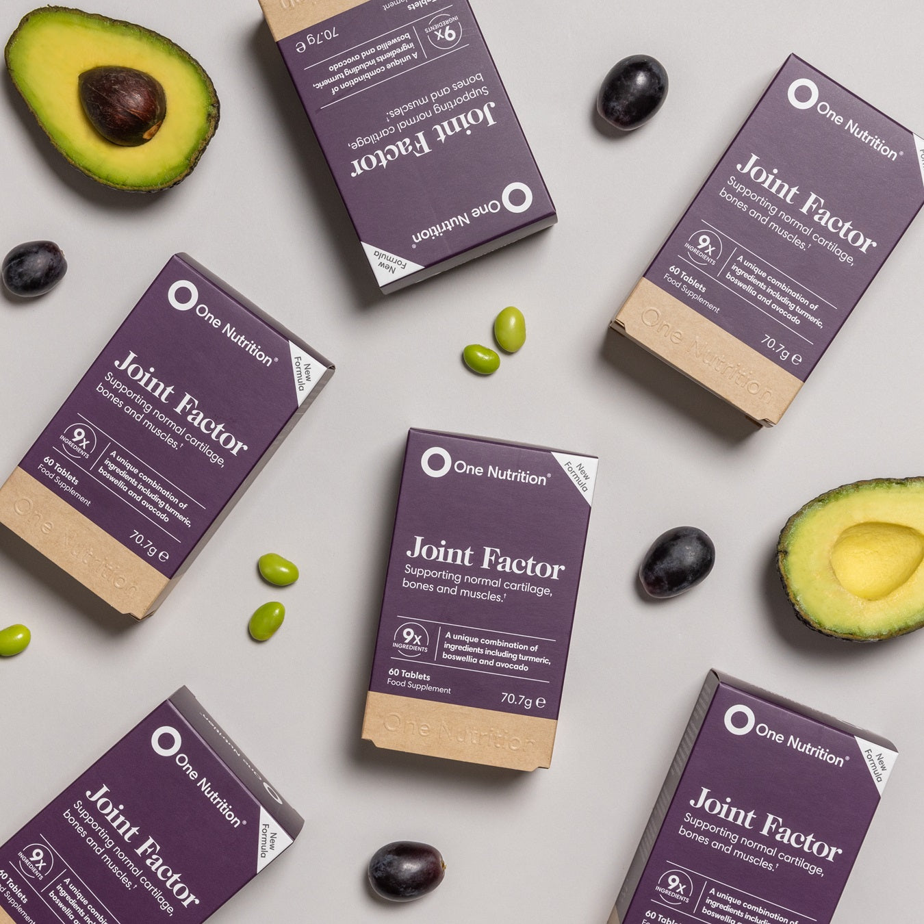 One Nutrition Joint Factor supplement boxes with avocados and green beans on a light gray background