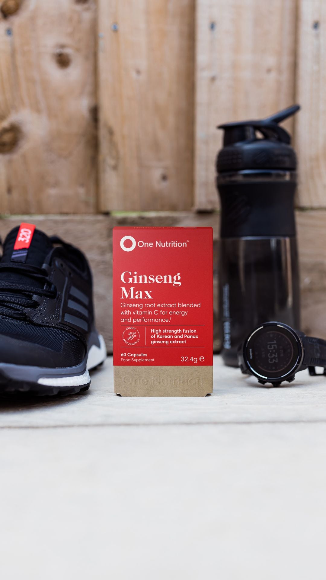 Ginseng Max with workout equipment beside it.