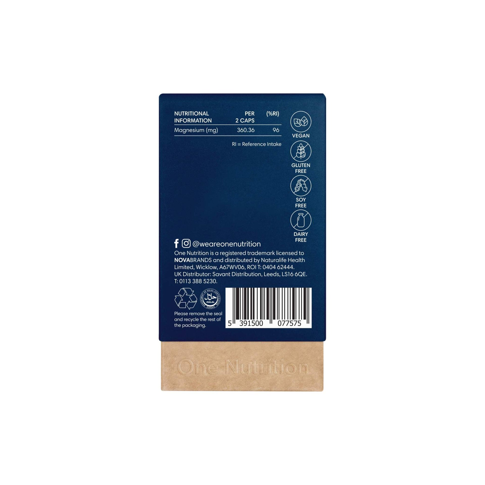 One Nutrition Ocean Magnesium supplement box back view with nutritional info and vegan gluten soy dairy free icons