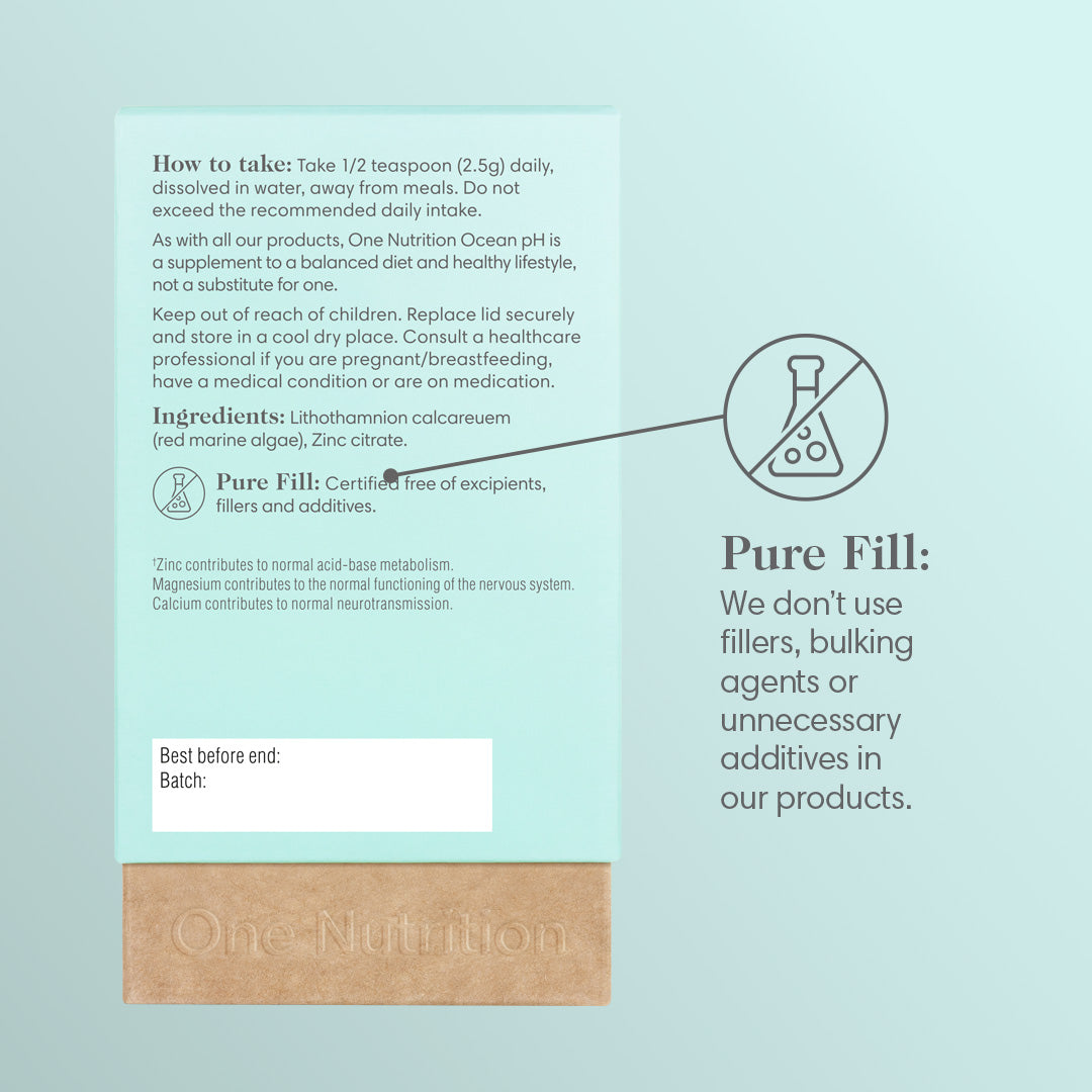 Product label with text and icons on a light blue background. Highlighting it is Pure Fill.