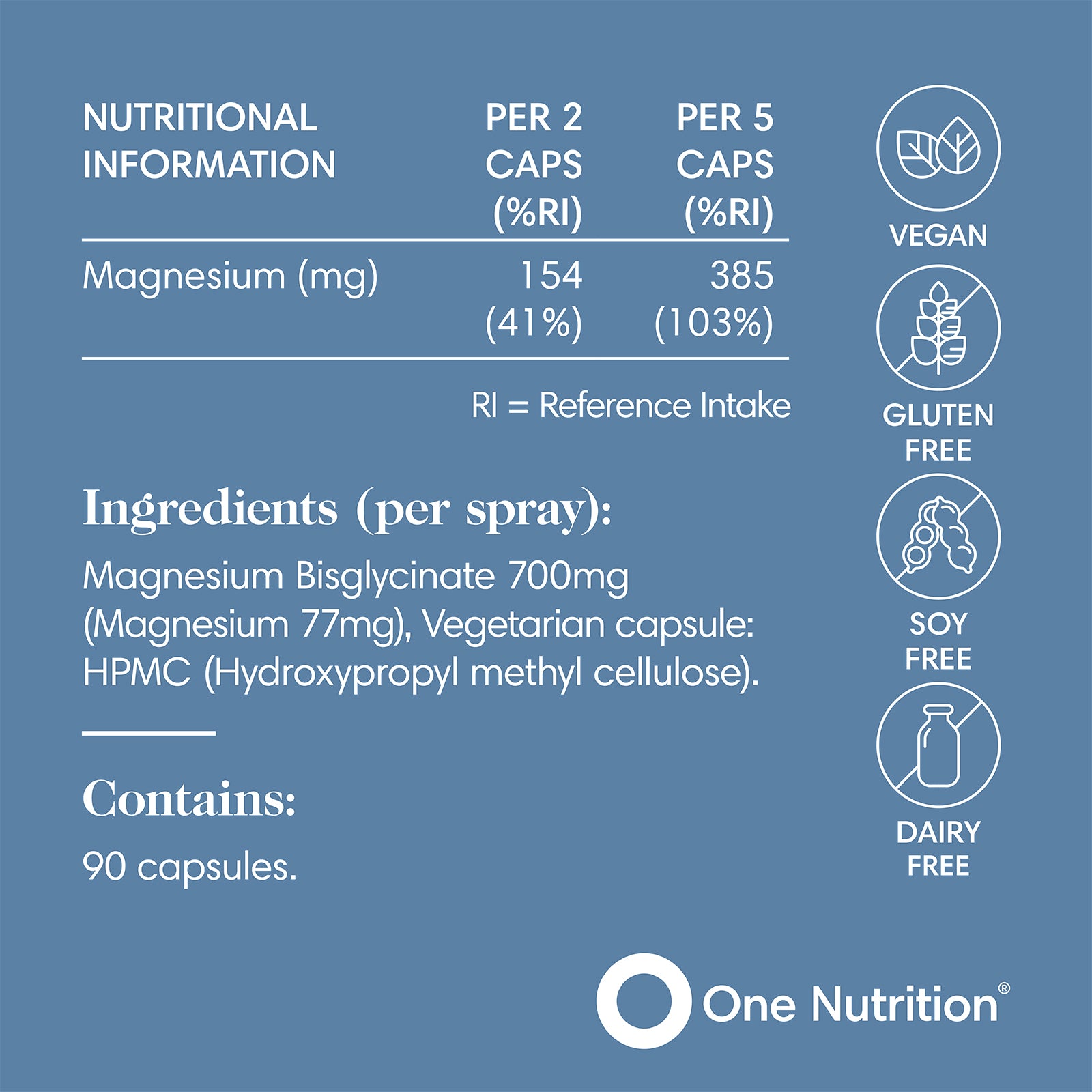 Nutritional information and ingredients label for a magnesium supplement by One Nutrition on a blue background.