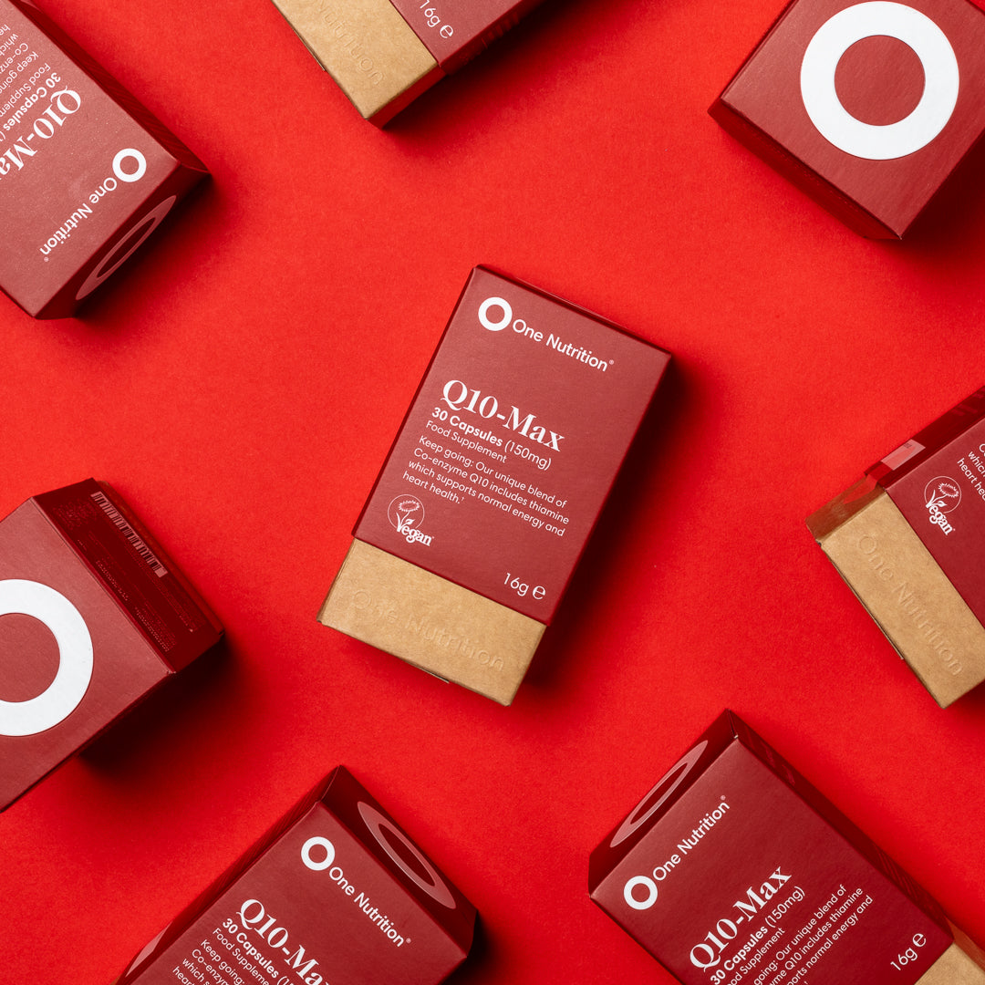 One Nutrition Q10-Max supplement boxes on a red background