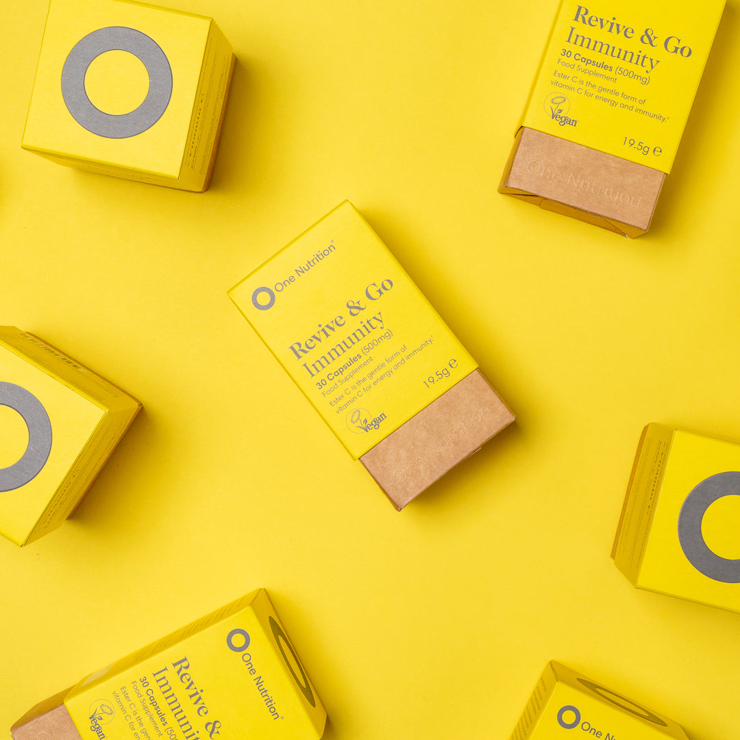 Yellow boxes of 'Revive & Go Immunity' on a yellow background